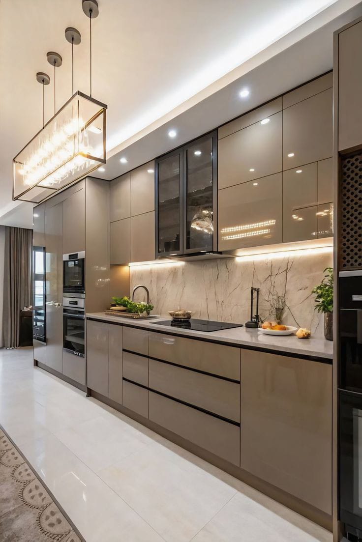 Gizli LED aydınlatmalı, şerit ışıklı modern mutfak