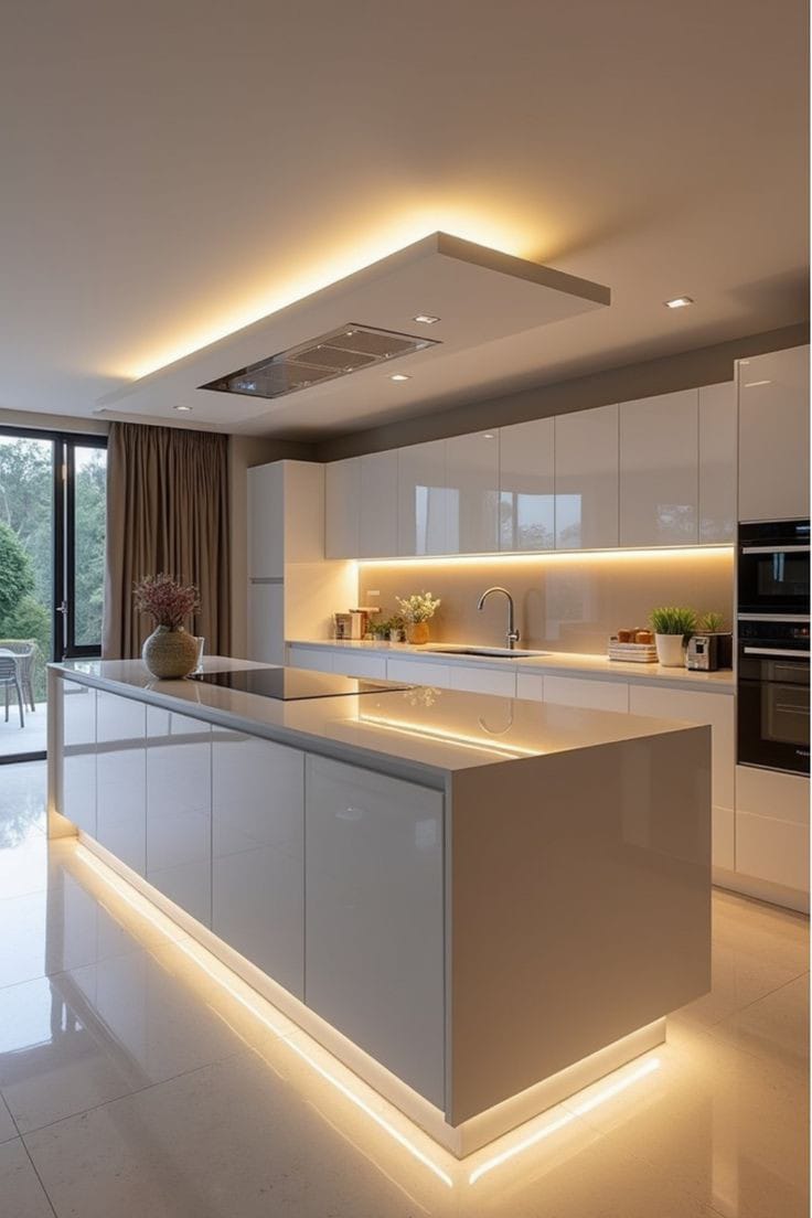 Lineer LED aydınlatmalı ada tezgâhlı mutfak